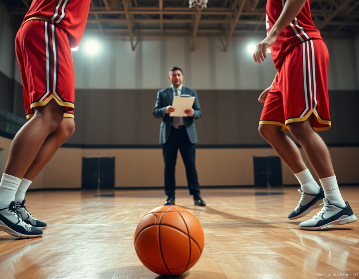 Close-up on a basketball drill with players and coach, highlighting usage of a basketball practice planner.