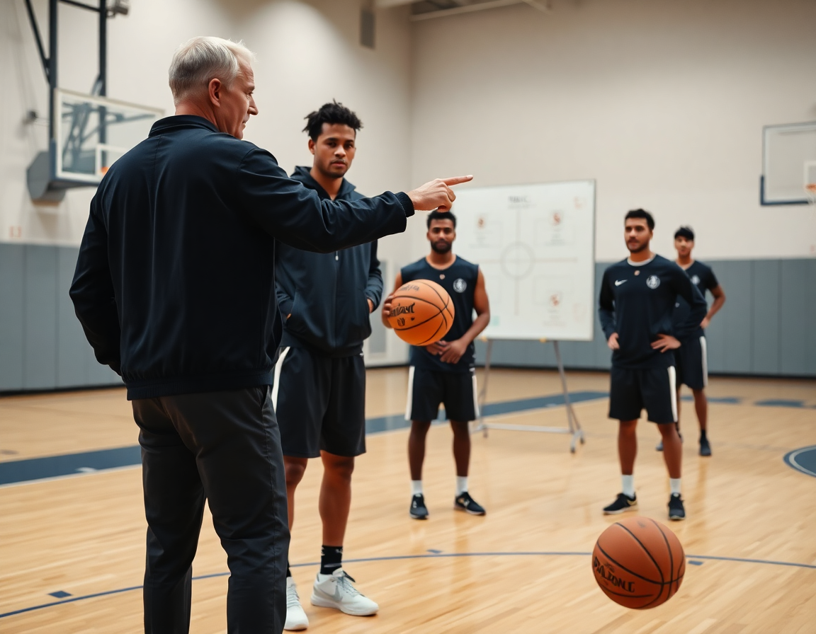 Coach points at the whiteboard while players learn a basketball play, with the basketball practice planner visible.