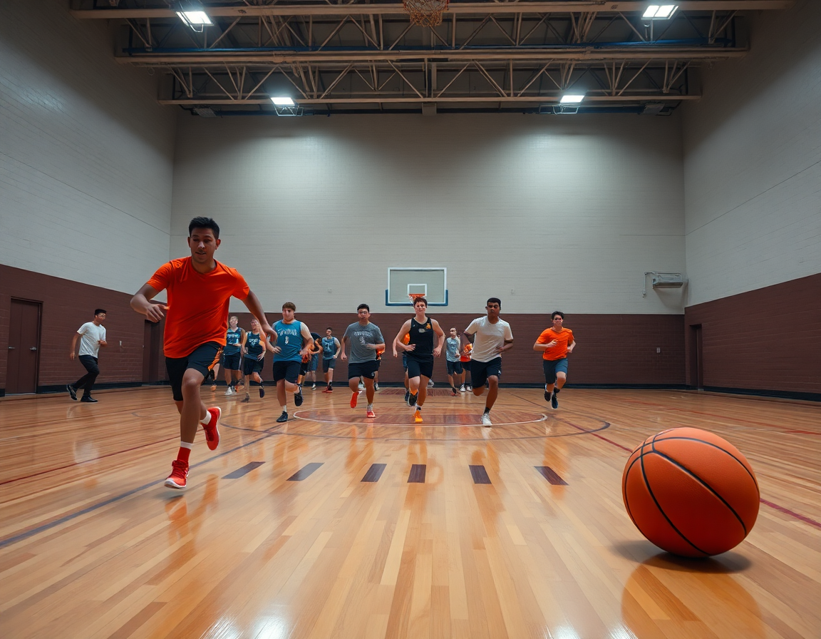 Full-court sprint drill with players and coach, illustrating how the basketball practice planner guides the session.