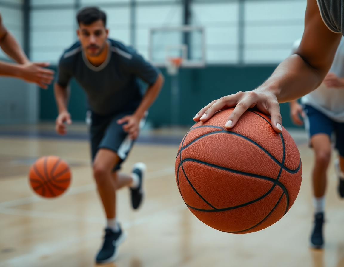 Close-up on hands and a basketball as players run a basketball drill; basketball practice planner template idea.