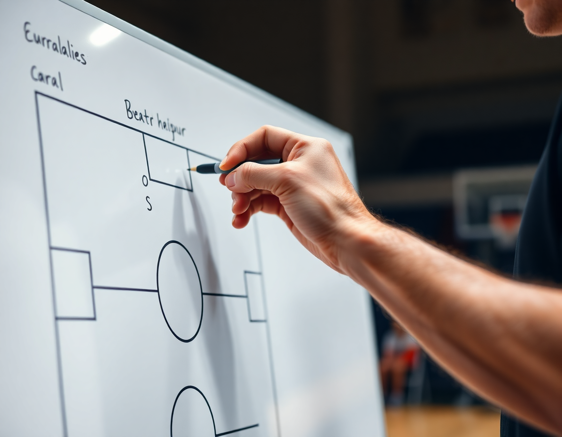 Close-up of a coach drawing a basketball play on the whiteboard for a basketball practice planner template.