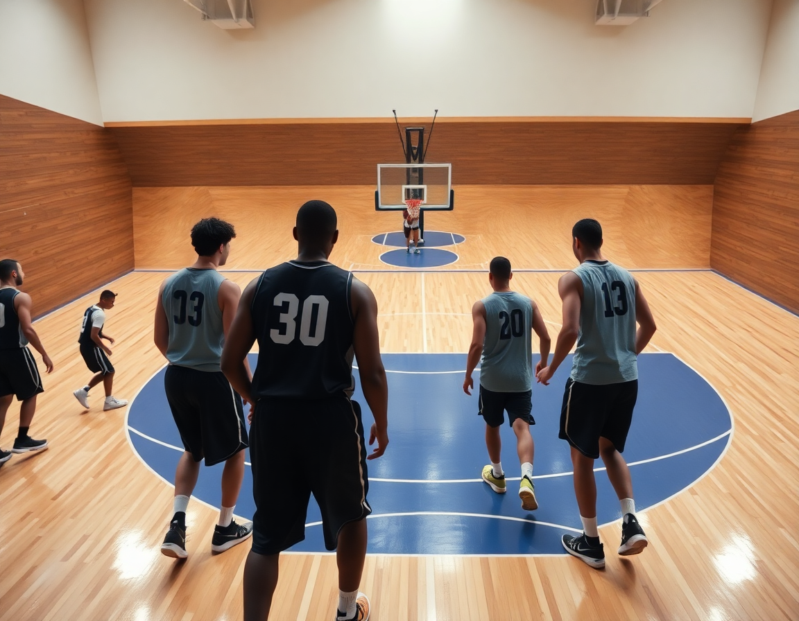 Panoramic view of players on the hardwood basketball court following a basketball practice planner template inspired drill.