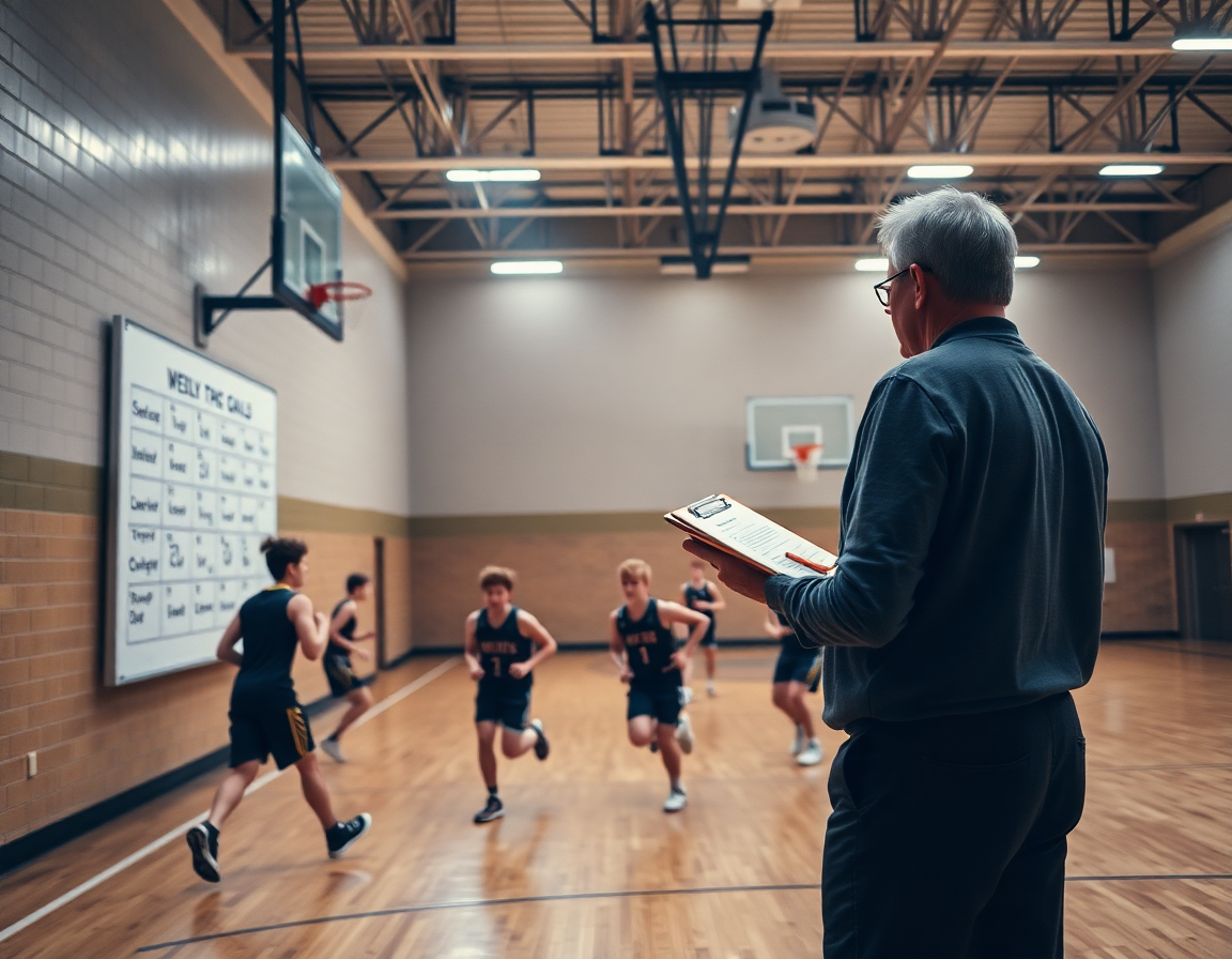Coach outlines basketball practice plans for high school during a whiteboard session in a gym.