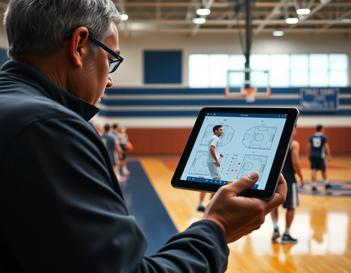 Players circle as the coach reviews basketball practice plans for high school on a tablet.