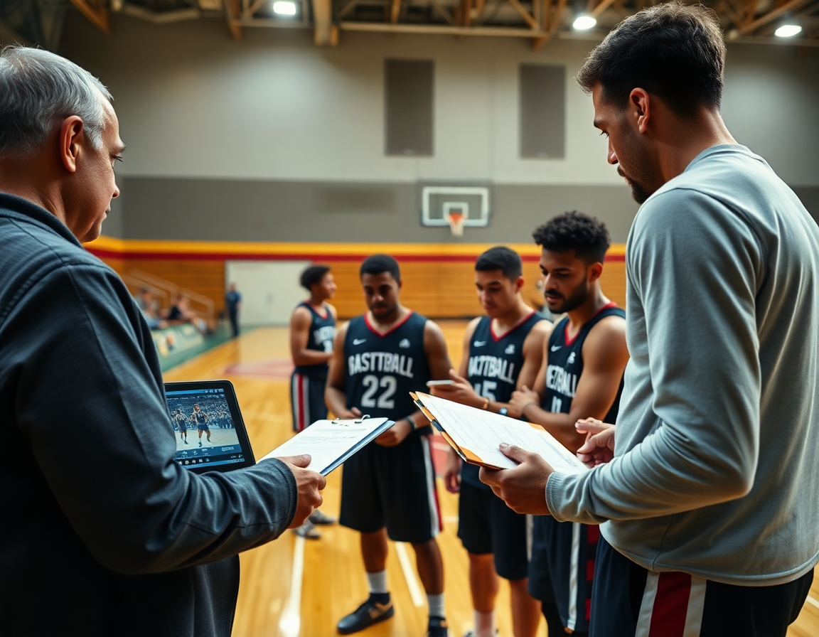 Coach and players review basketball practice plans for high school while studying scouting notes together.
