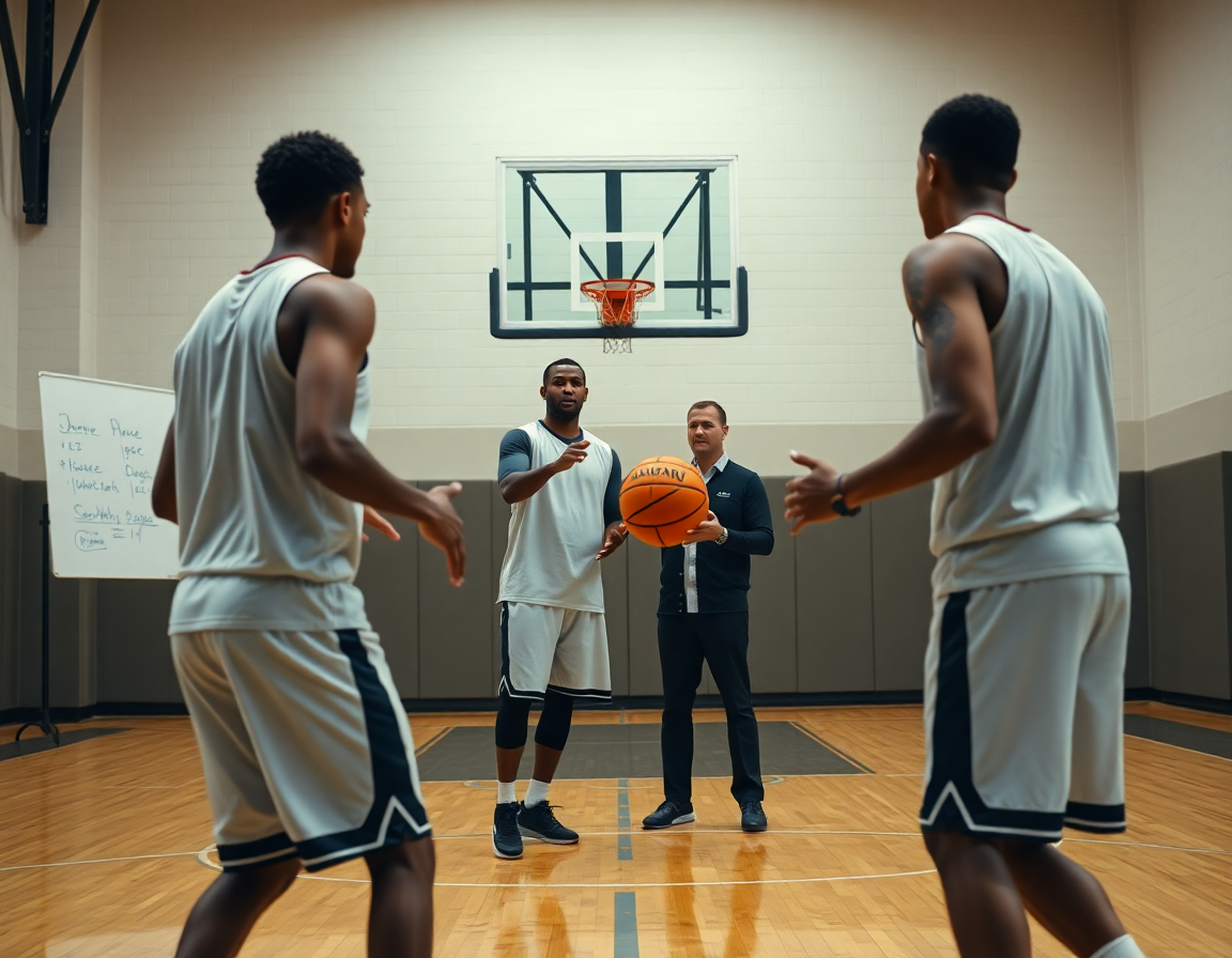 Close-up of hands passing a basketball as coach points to a whiteboard.