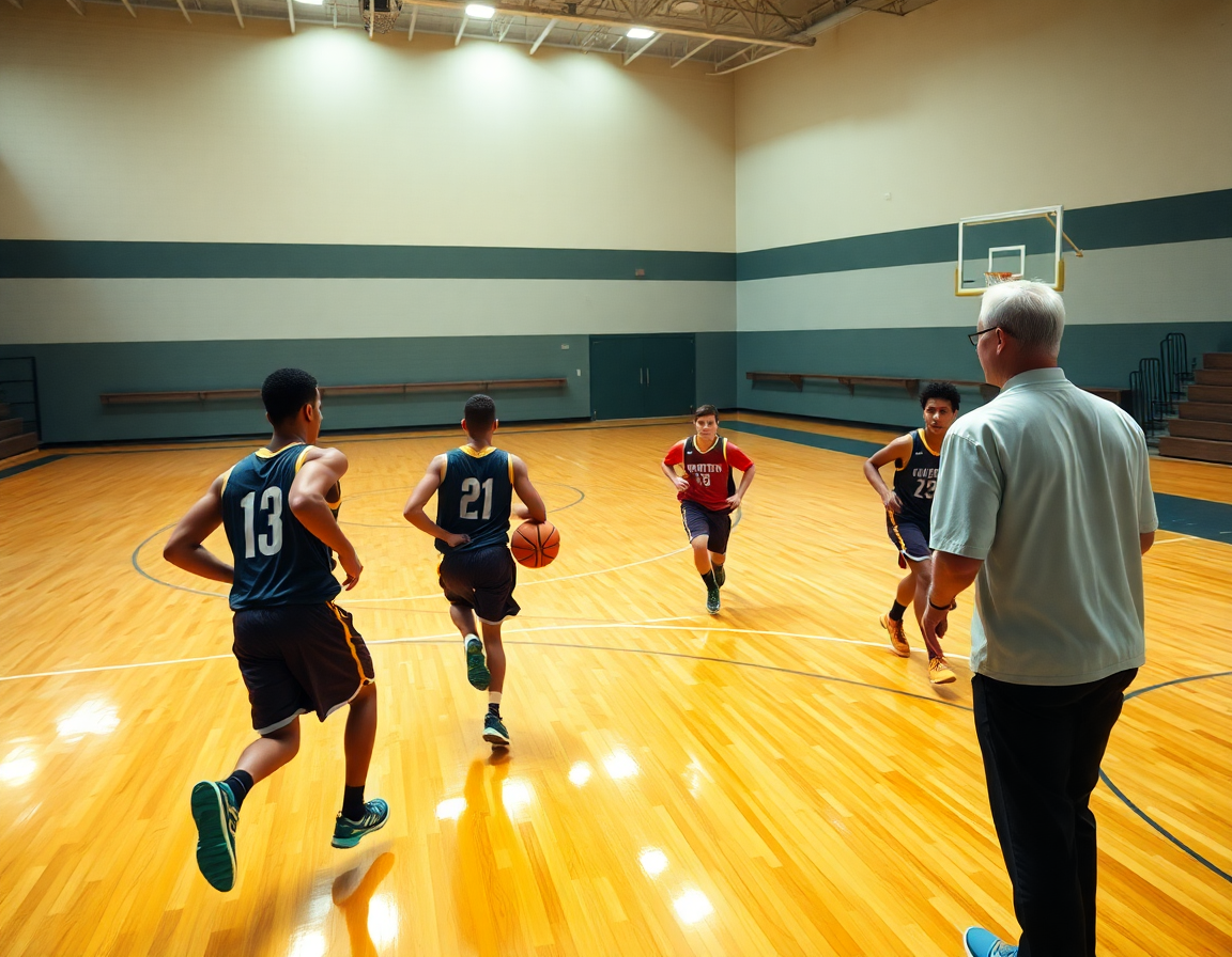 Wide shot of players sprinting a basketball drill across a hardwood basketball court.