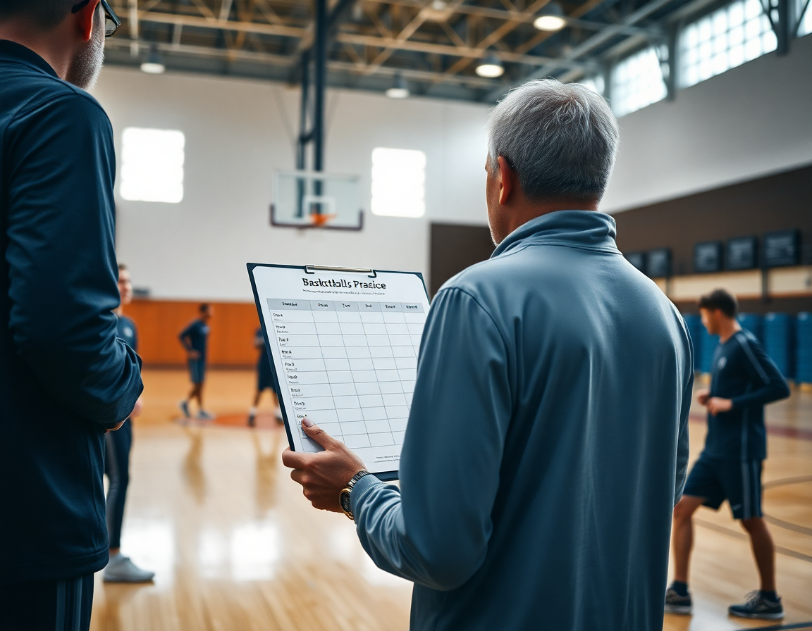 Coach reviews a basketball practice template pdf on a clipboard as basketball players warm up.