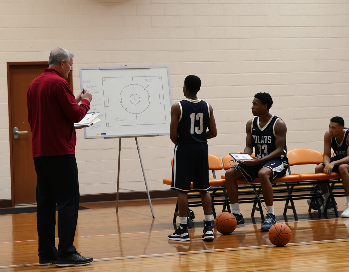 Two players practice a basketball drill while a coach sketches a basketball play on a whiteboard.
