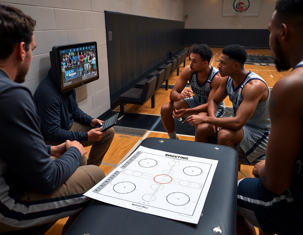 Video review session for basketball practice template with players on the court.