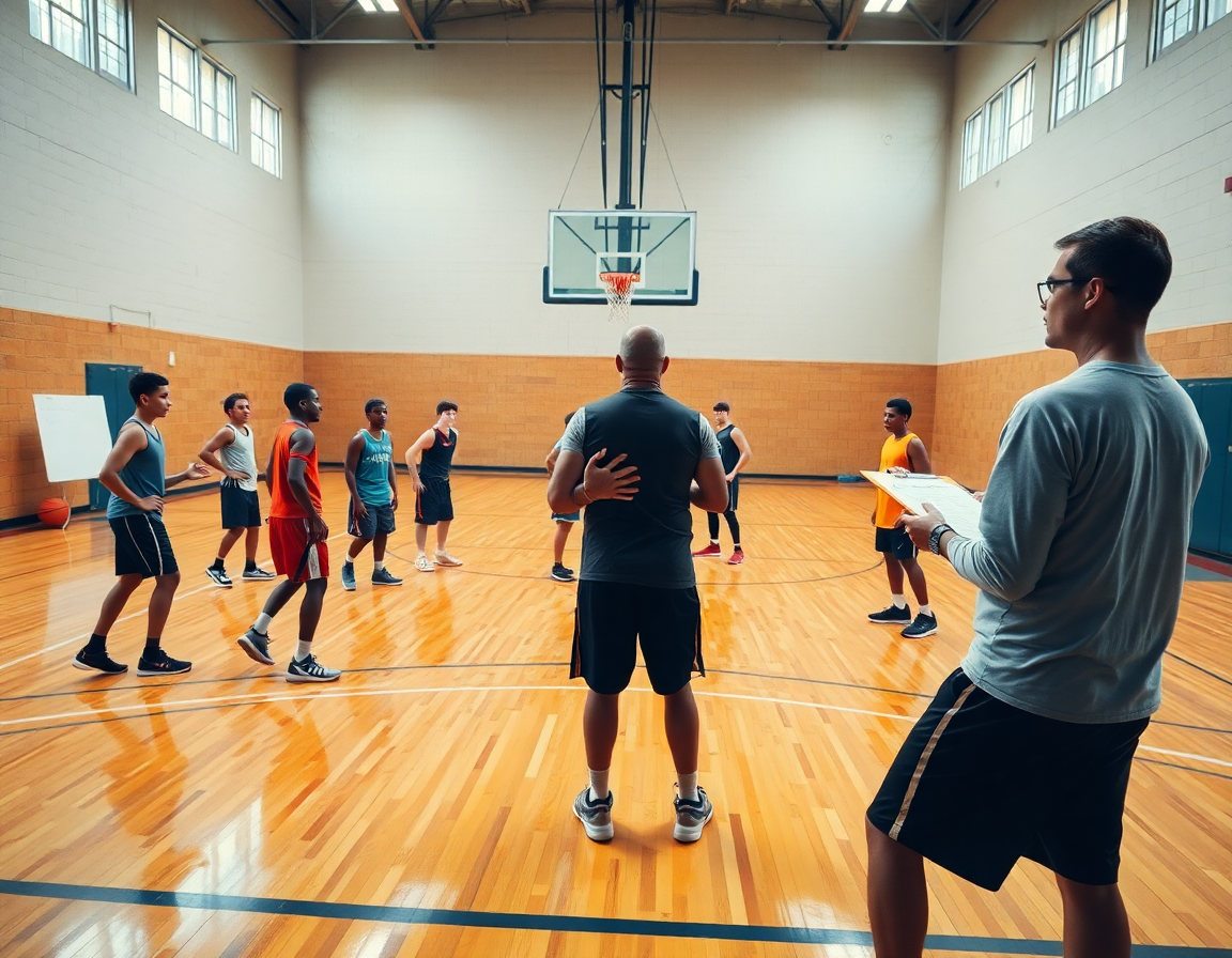 Indoor basketball gym scene illustrating age-specific progression within a basketball practice template.