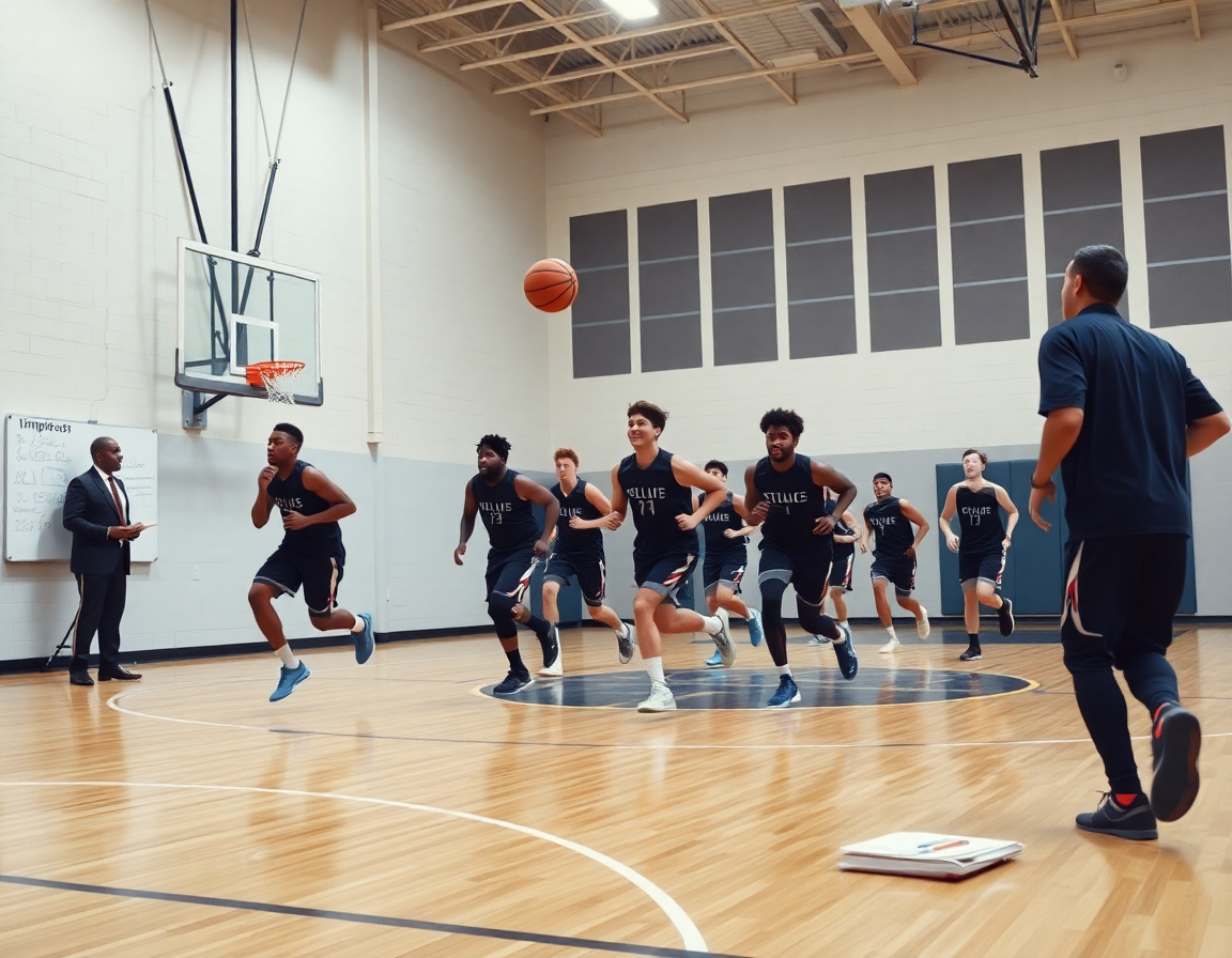 Tight action showing basketball pre-season practice plan progress during a full-court drill.