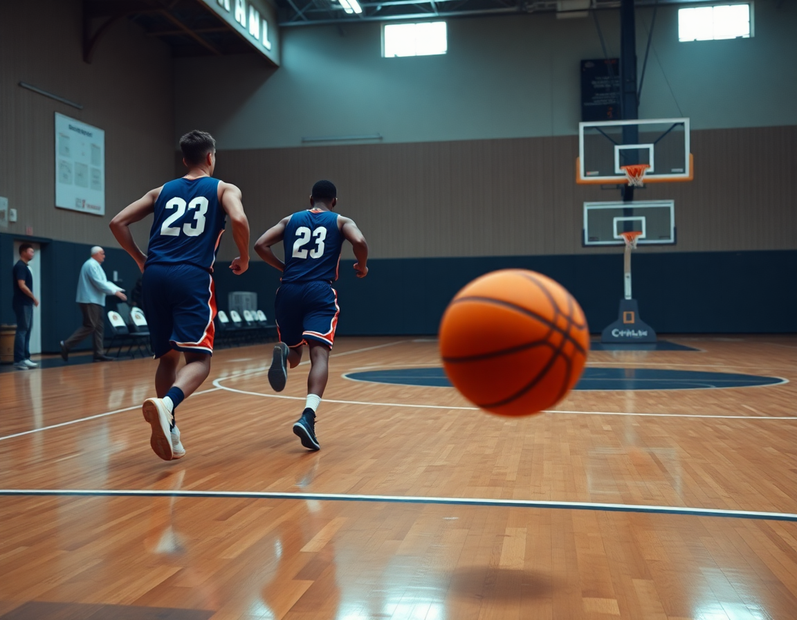 Players run a rhythm drill near half court as the basketball roster sheet template informs decisions.