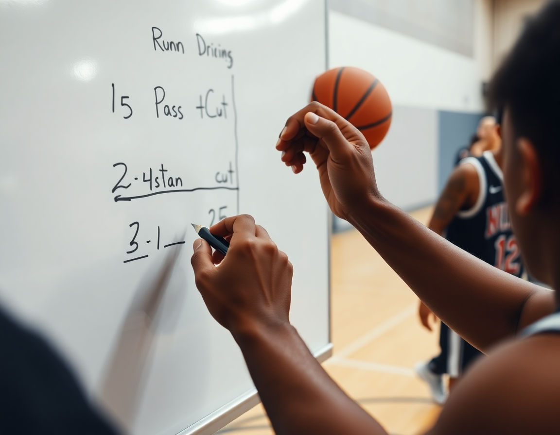 Close-up of hands writing basketball plays on a whiteboard as basketball players practice a pass-and-cut sequence.