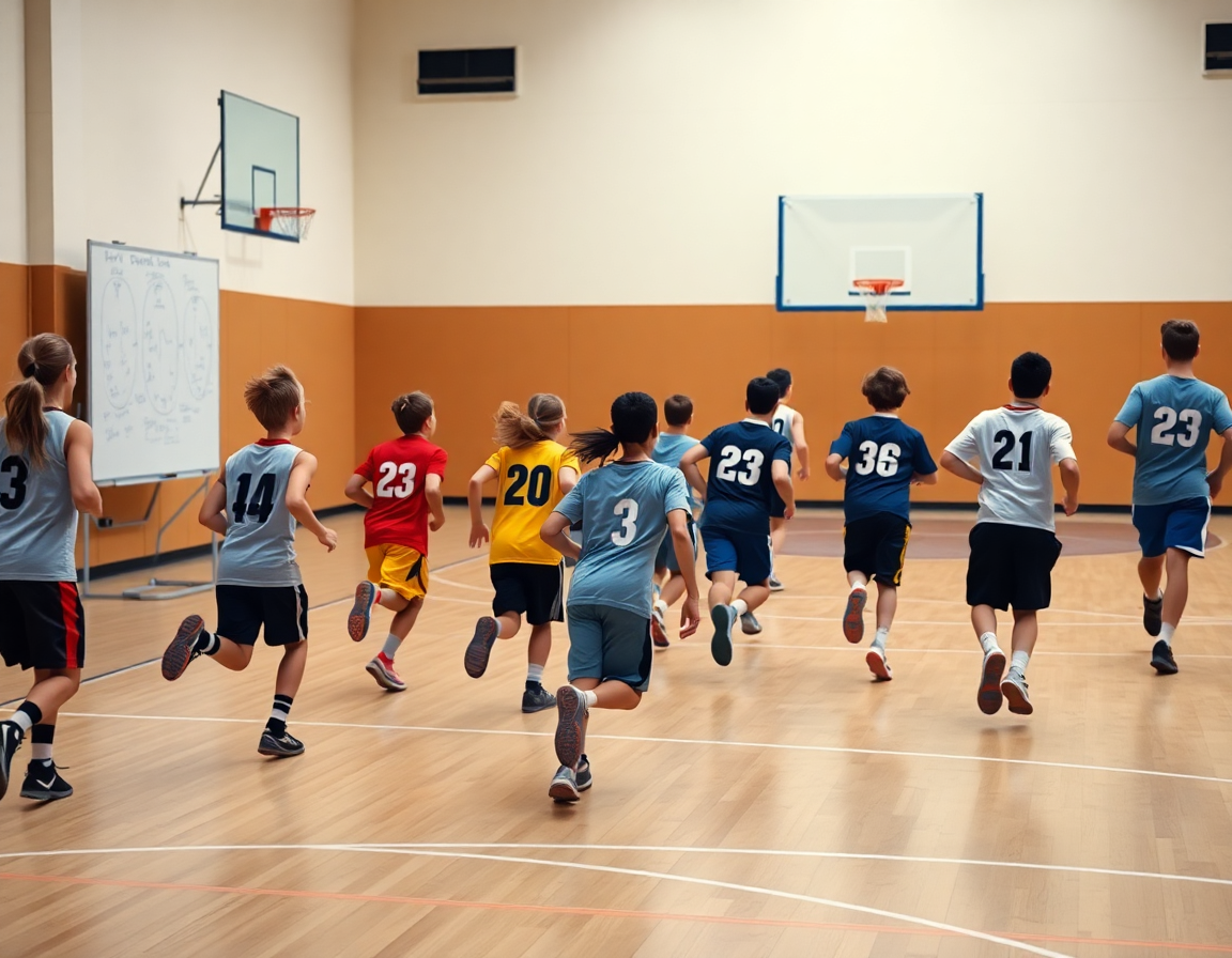Different age groups run progression across court as the coach points to basketball running drills on a whiteboard.