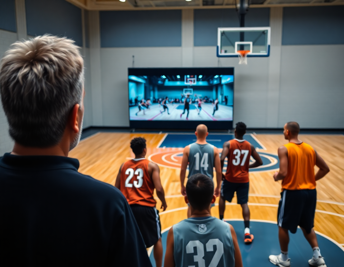 Coach watches a wall screen replaying basketball running drills as players study the basketball clip on court.