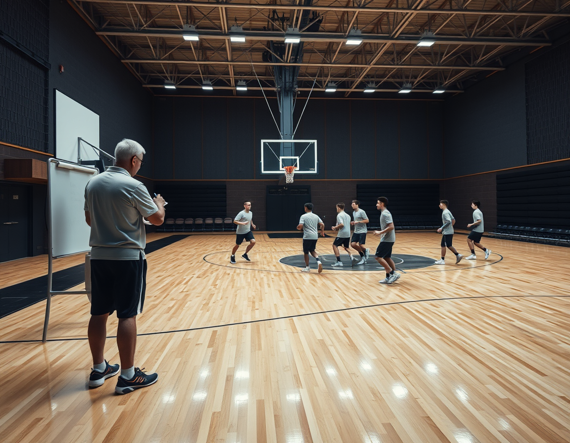 Coach explains basketball scouting report app concepts at a whiteboard as players drill on hardwood.