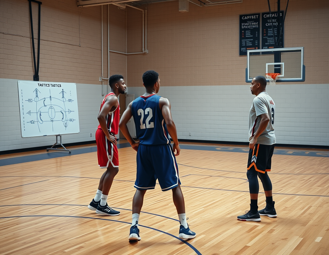 Coach guides a hands-on basketball drill while referencing basketball scouting concepts on a whiteboard.