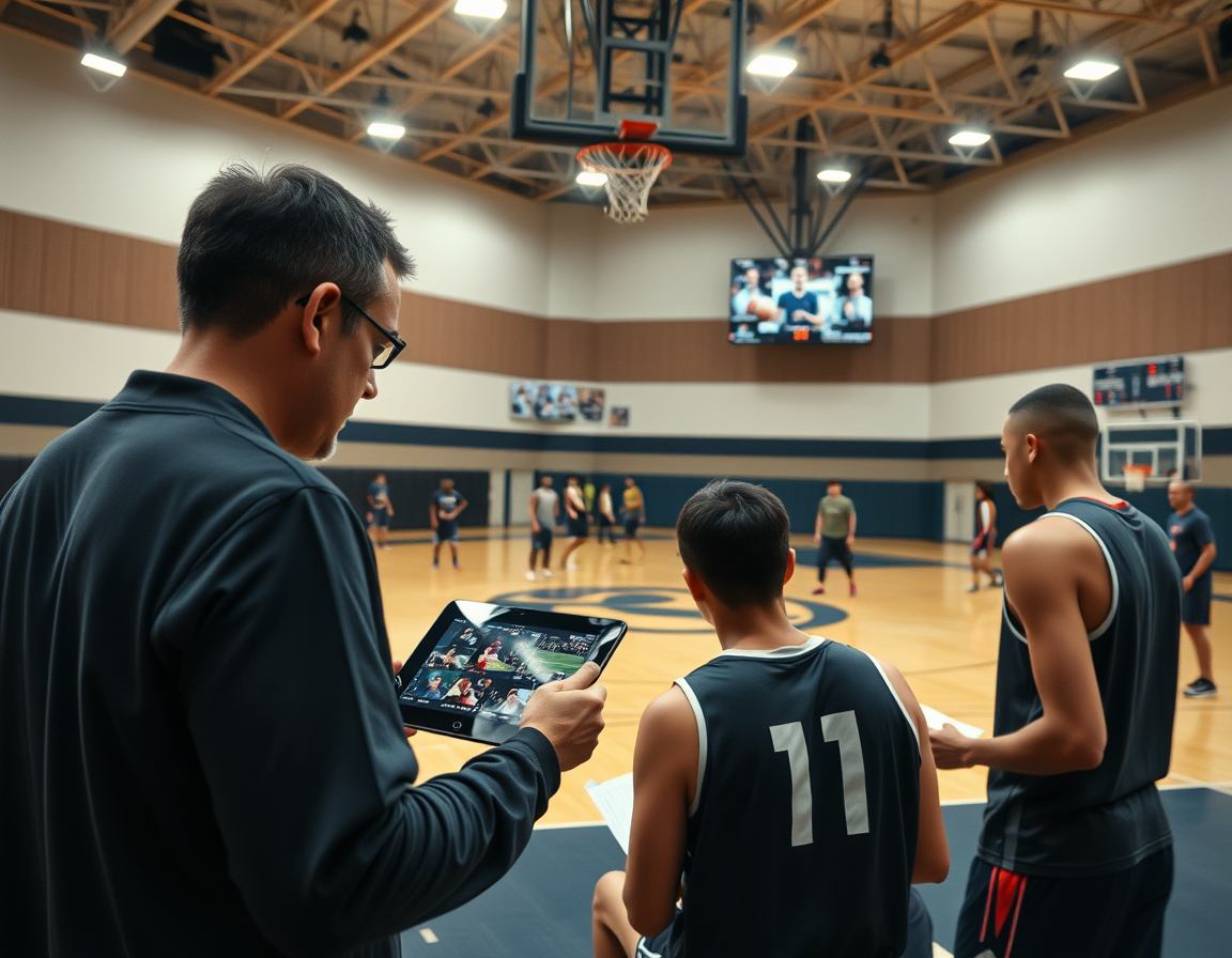 Coach uses basketball scouting report app concepts while reviewing clips on a tablet.