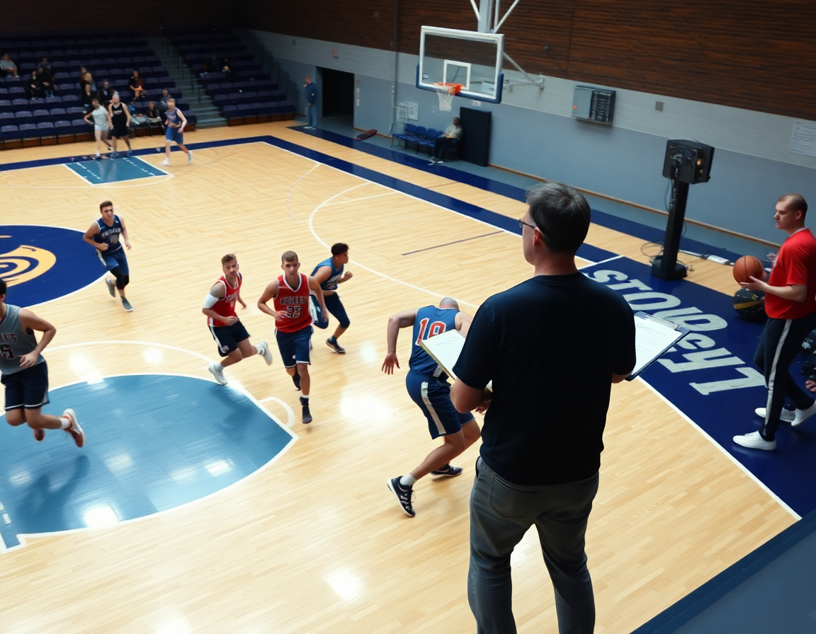 basketball scouting report example full-court drill with coach notes and basketball visible.