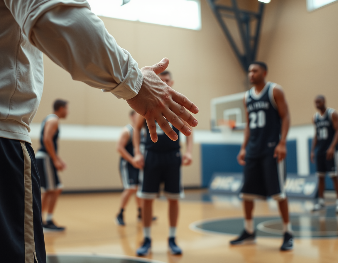 Close-up of a coach's hands guiding a basketball drill during a tight basketball practice.