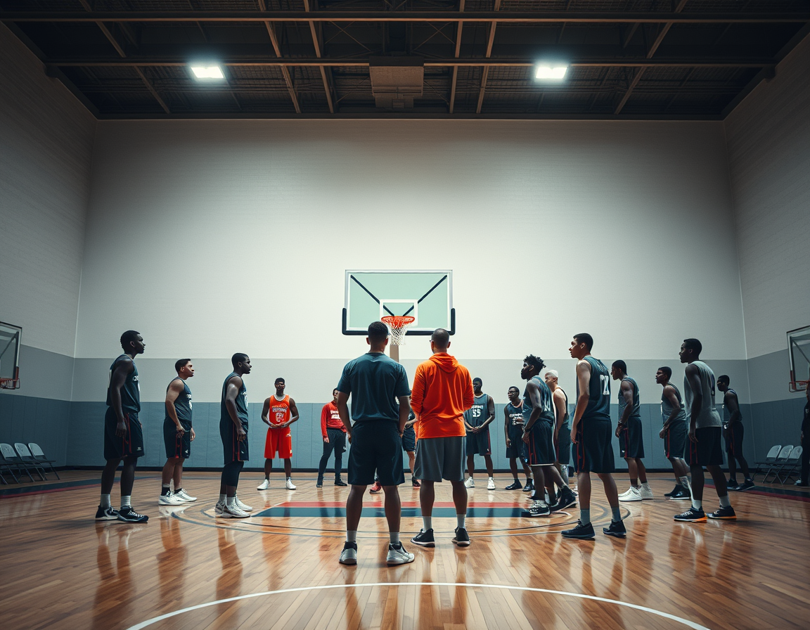 Two groups of basketball players practice near the key as a coach explains basketball plays.