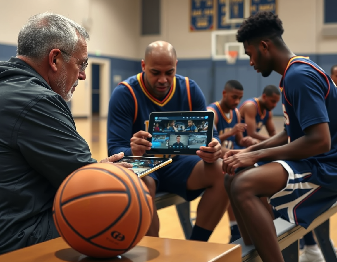 Coach studies basketball plays on a tablet while players drill; another basketball sits on the bench.