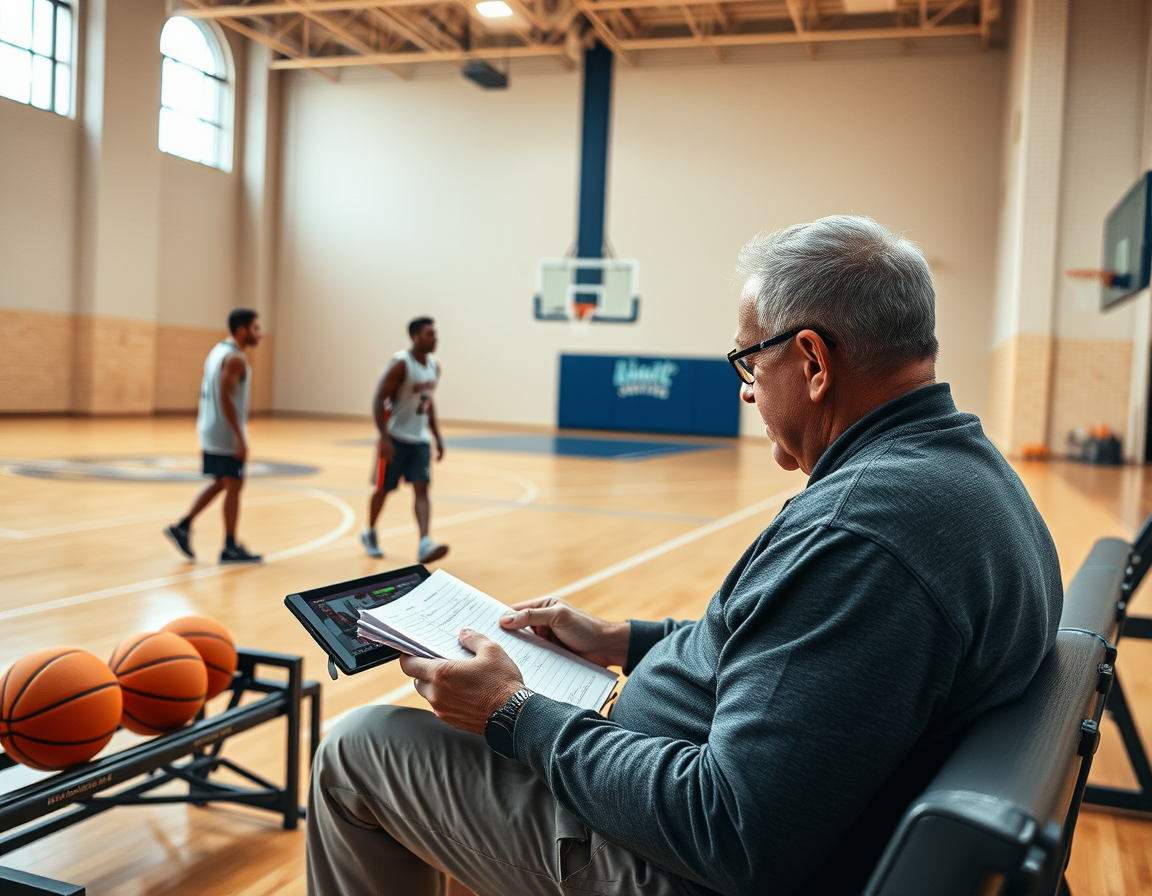 Coach reviews filmed basketball clips and creates notes using basketball scouting report software on a tablet.