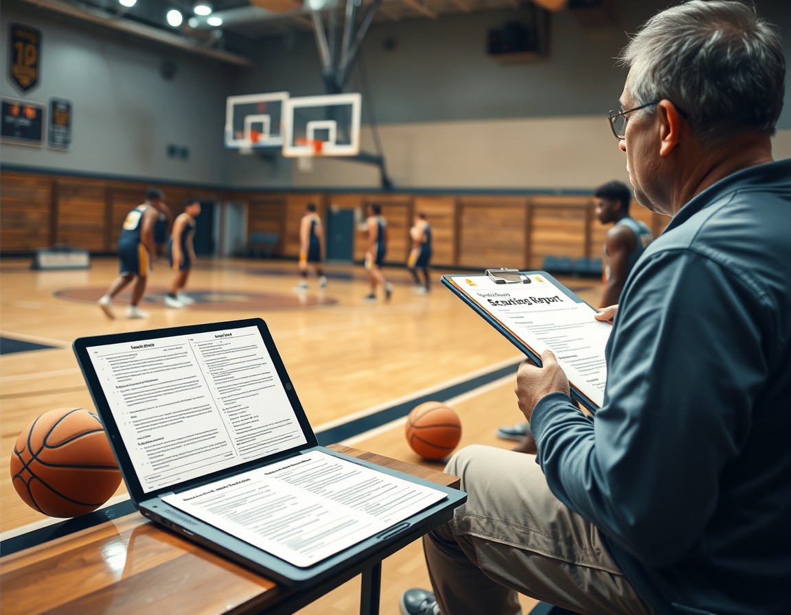 Coach uses a laptop displaying basketball scouting report software templates for notes and reports.