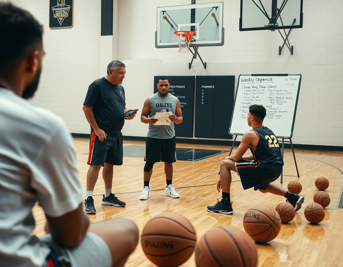 During weekly cadence on the basketball court, the coach reviews basketball scouting report software clips.