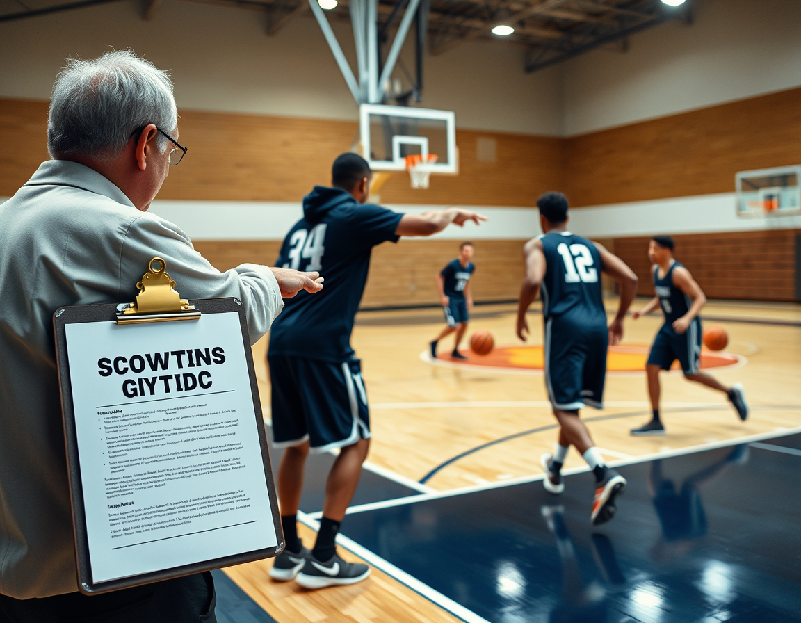 Coach references basketball scouting report template doc on clipboard during a half-court basketball drill.