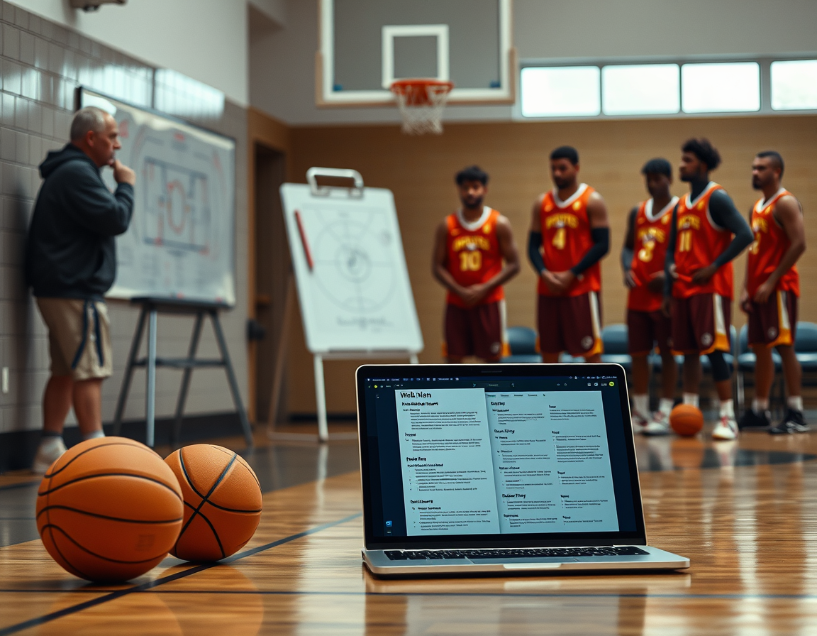 Weekly plan from the basketball scouting report template doc displayed on a whiteboard during practice.