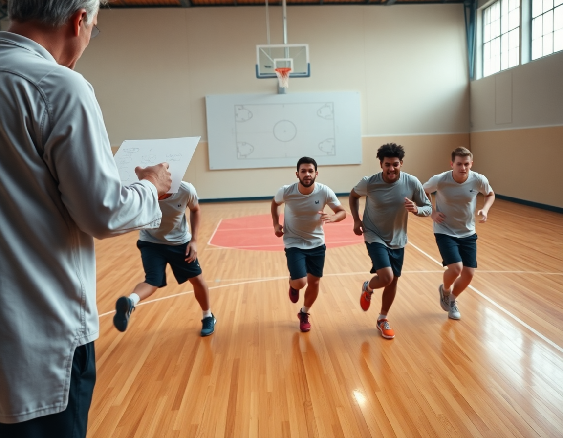 Close-up on hands gripping the orange basketball during a fast basketball drill and coach's whiteboard.