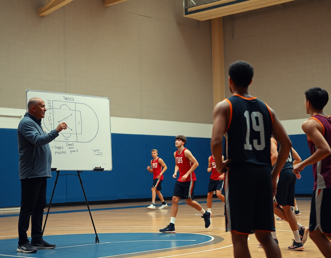 Coach with a tactics whiteboard explains a basketball rotation as players run a quick drill on the court.