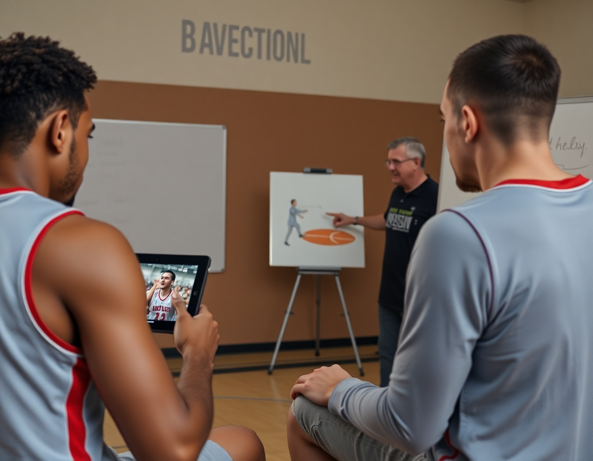 Players review basketball clips on a tablet as the coach points to a basketball plan.