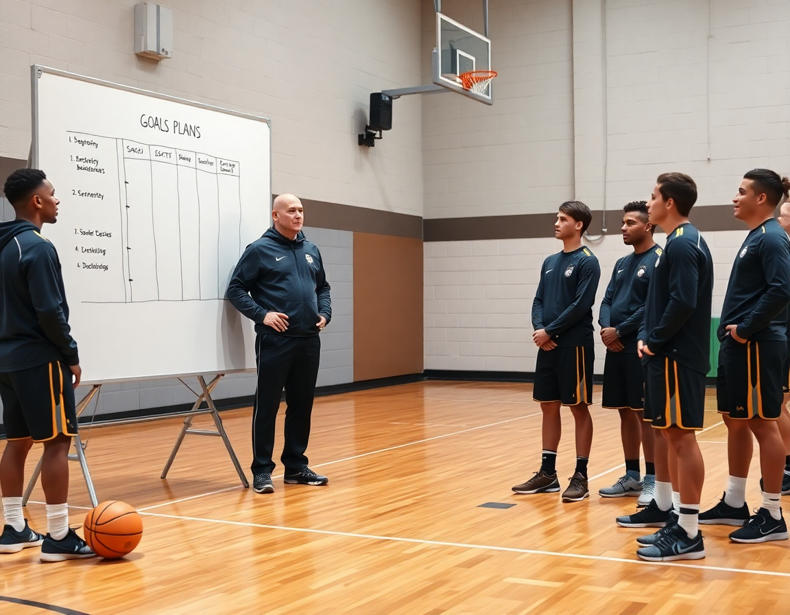 Coach sketches season goals by a whiteboard as players gather around, basketball in the air.