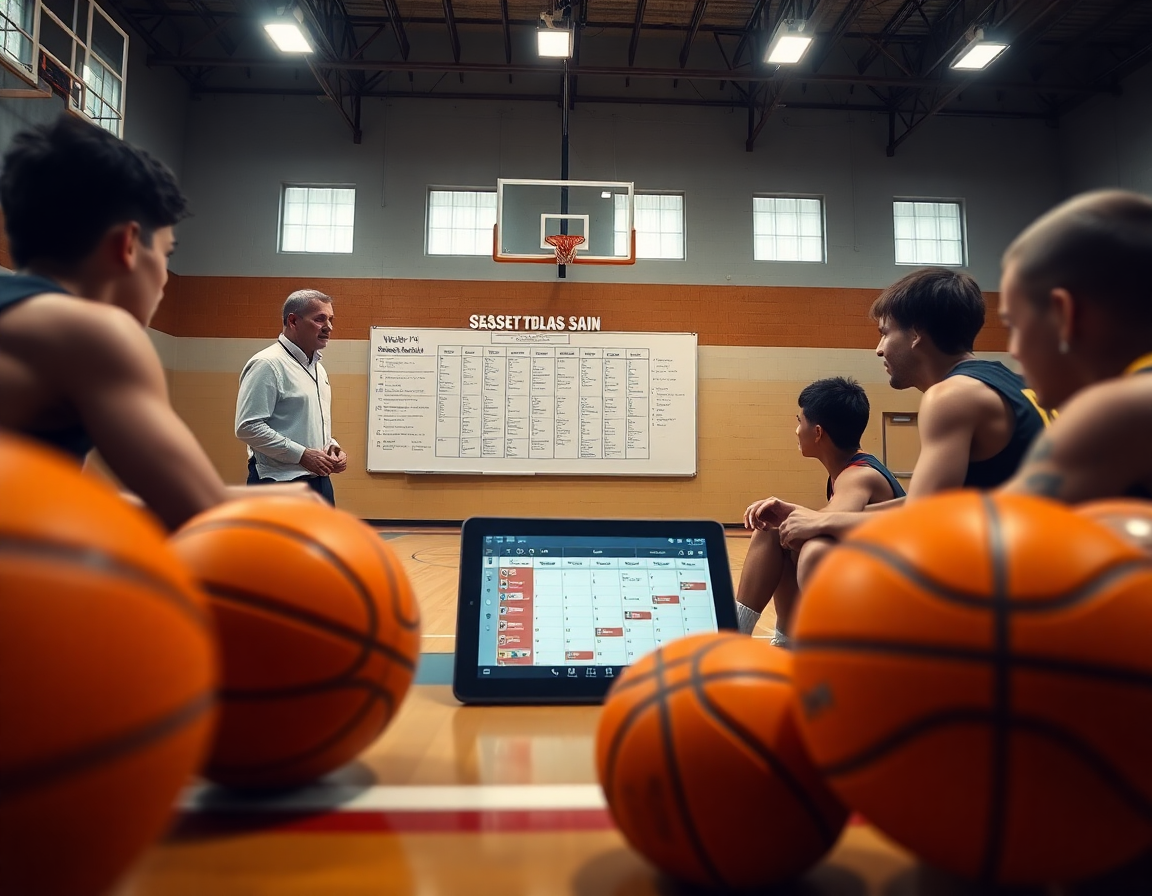 Close-up of hands passing a basketball while the coach points to lines on the whiteboard.