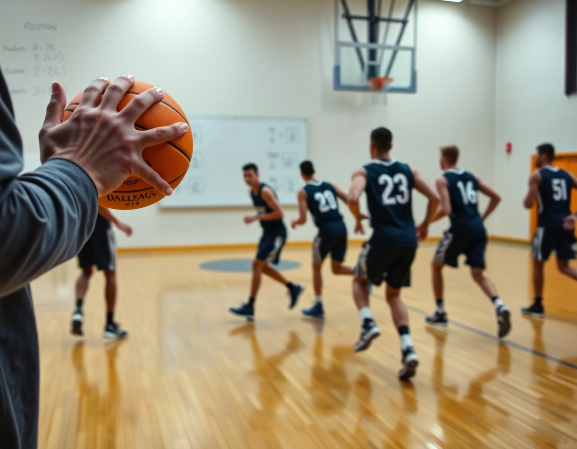 Close-up of players rotating through a basketball drill on the hardwood.
