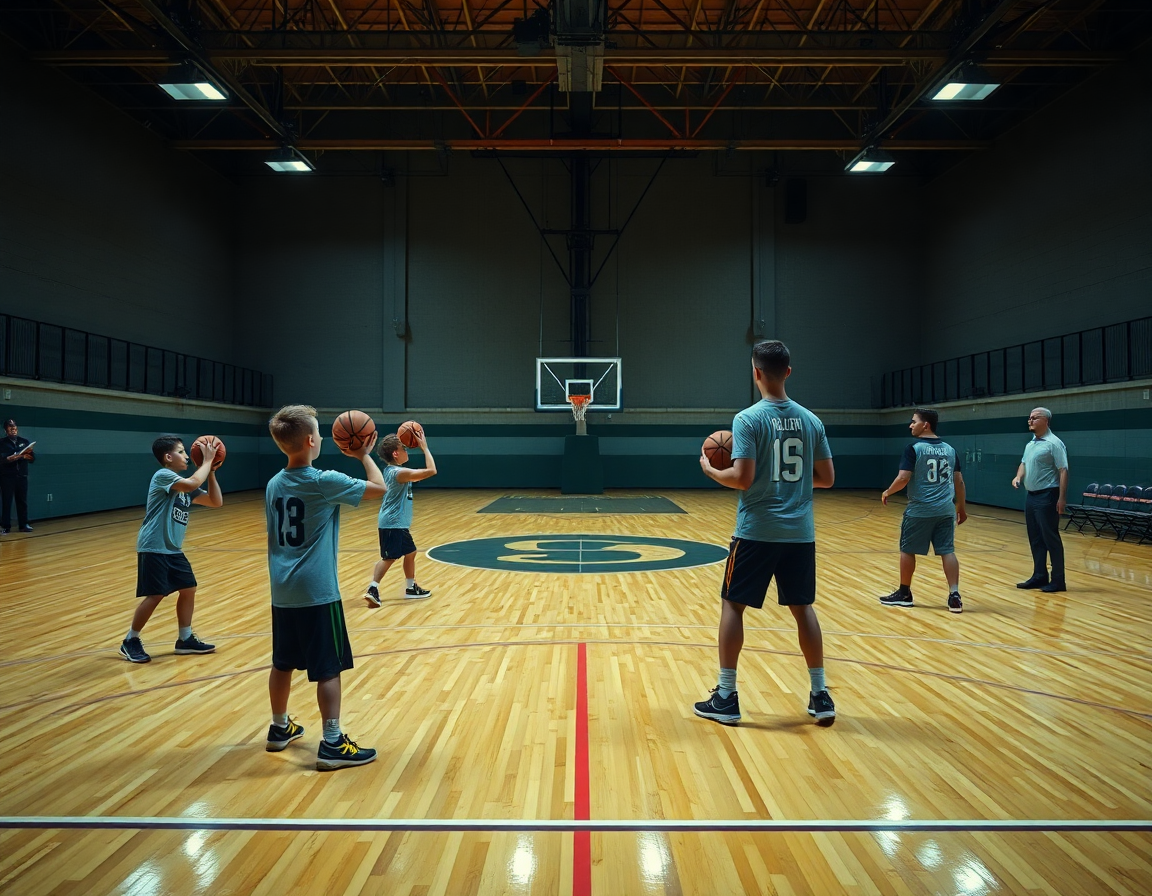 Side-by-side basketball shooting drills pdf concept realized as youth and varsity players practicing.