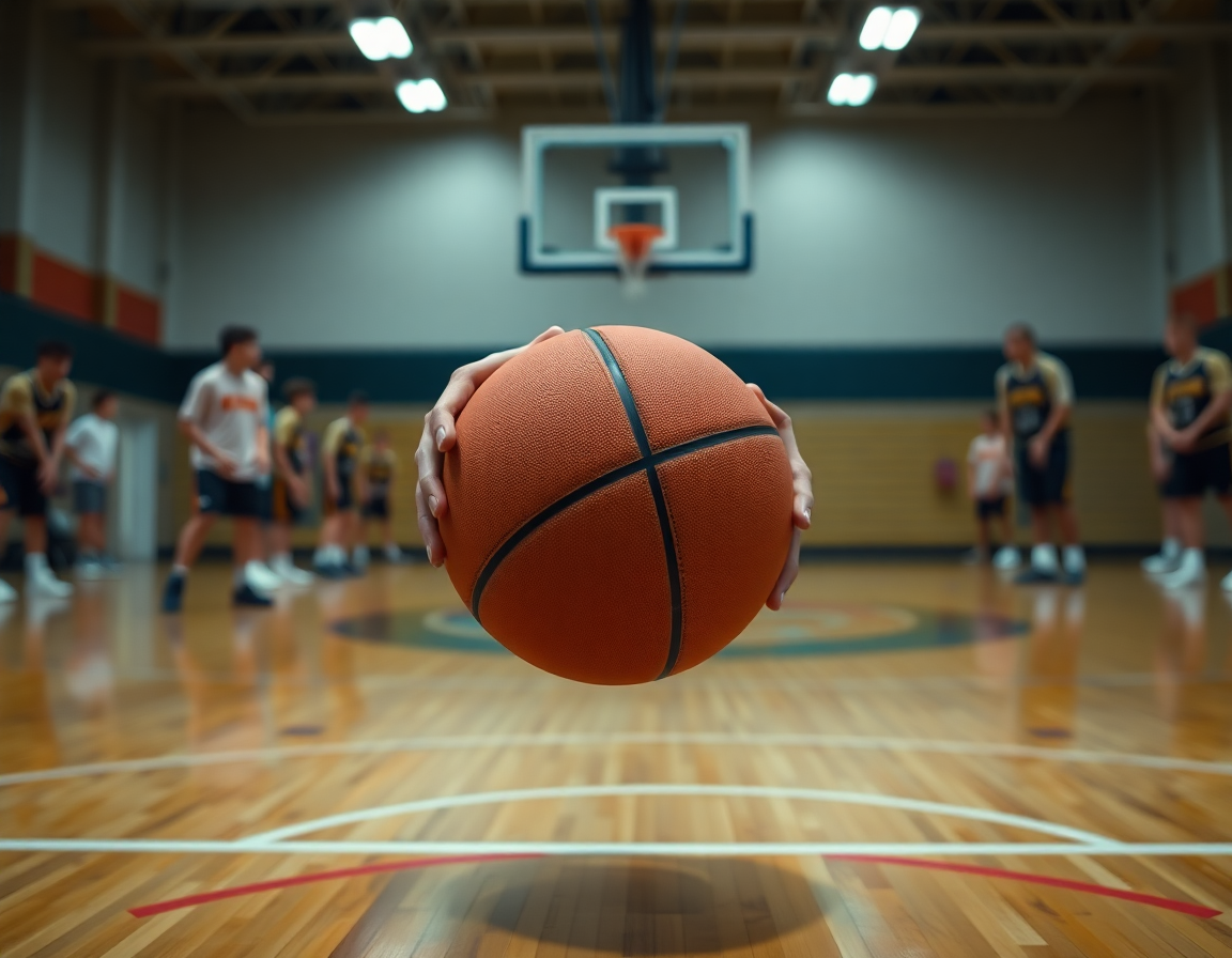 Close-up on a basketball shooting drill in PE, hands gripping an orange basketball on the hardwood.