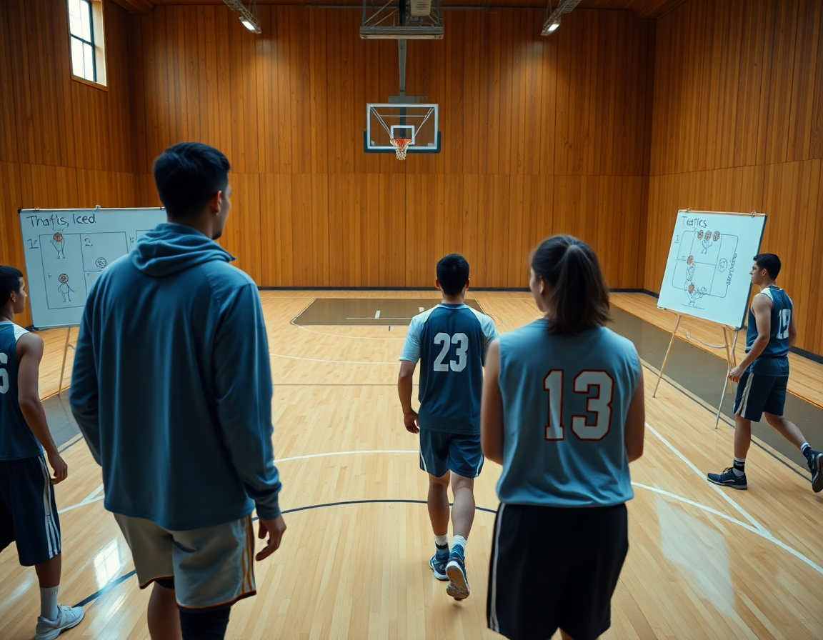 Rotating through basketball shooting games for PE, players practice shots under coach guidance.