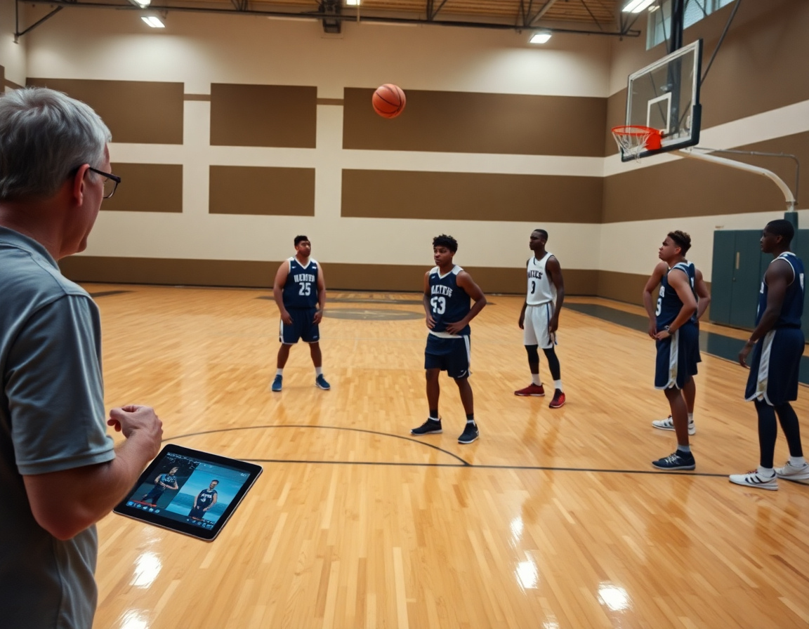 Video review of basketball shooting games for PE as a coach analyzes technique with tablet.