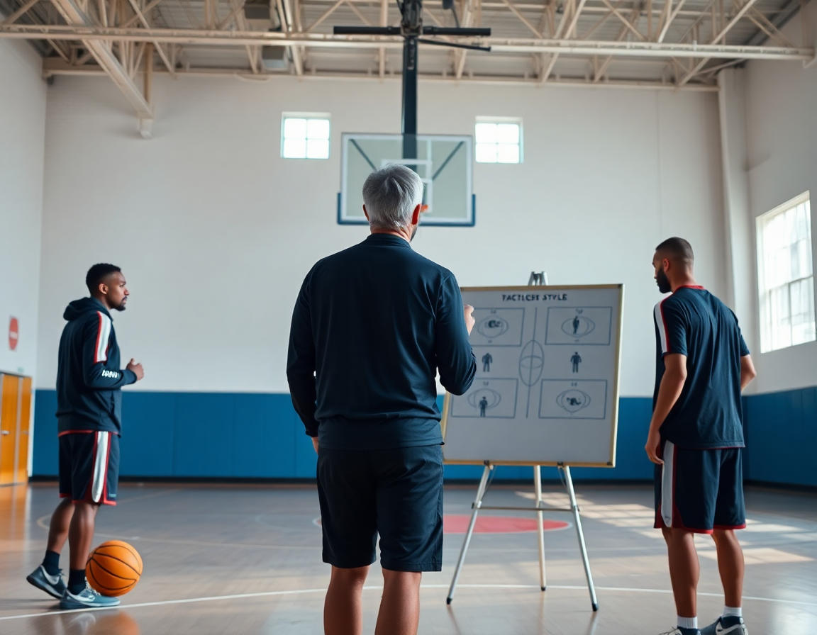 Wide-angle basketball gym scene explaining basketball shot chart concepts to players today.