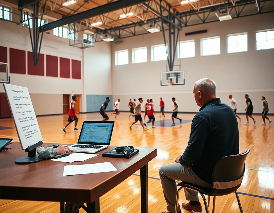 Coach reviews basketball shot chart-inspired planning on a laptop while players practice on the hardwood.