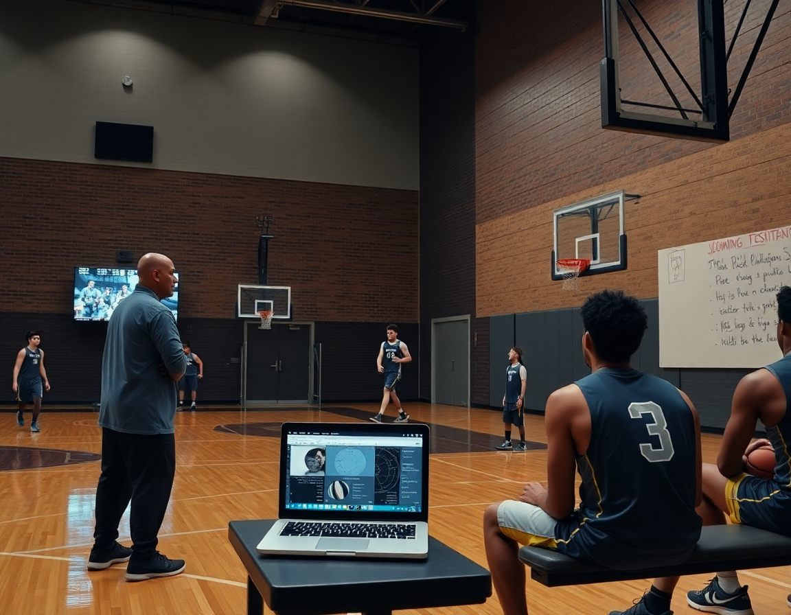 Basketball shot chart insights guide the scout session as players watch on the court.
