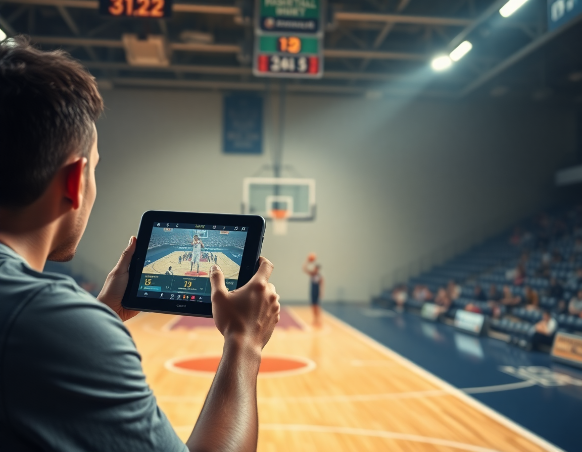 Player shoots near the line as bench tablet shows basketball video clips and basketball shot tracker sheet.