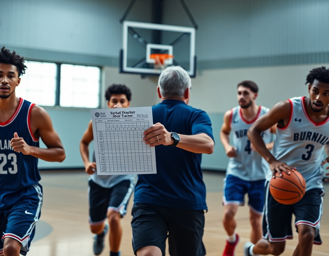 Team drill on the full court with basketball shot tracker sheet visible.