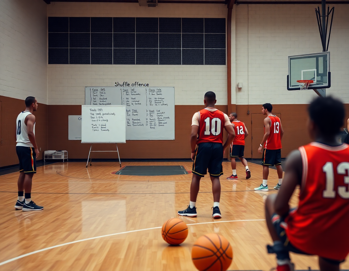 Coach outlines weekly basketball shuffle offense plan on whiteboard as players drill on hardwood.