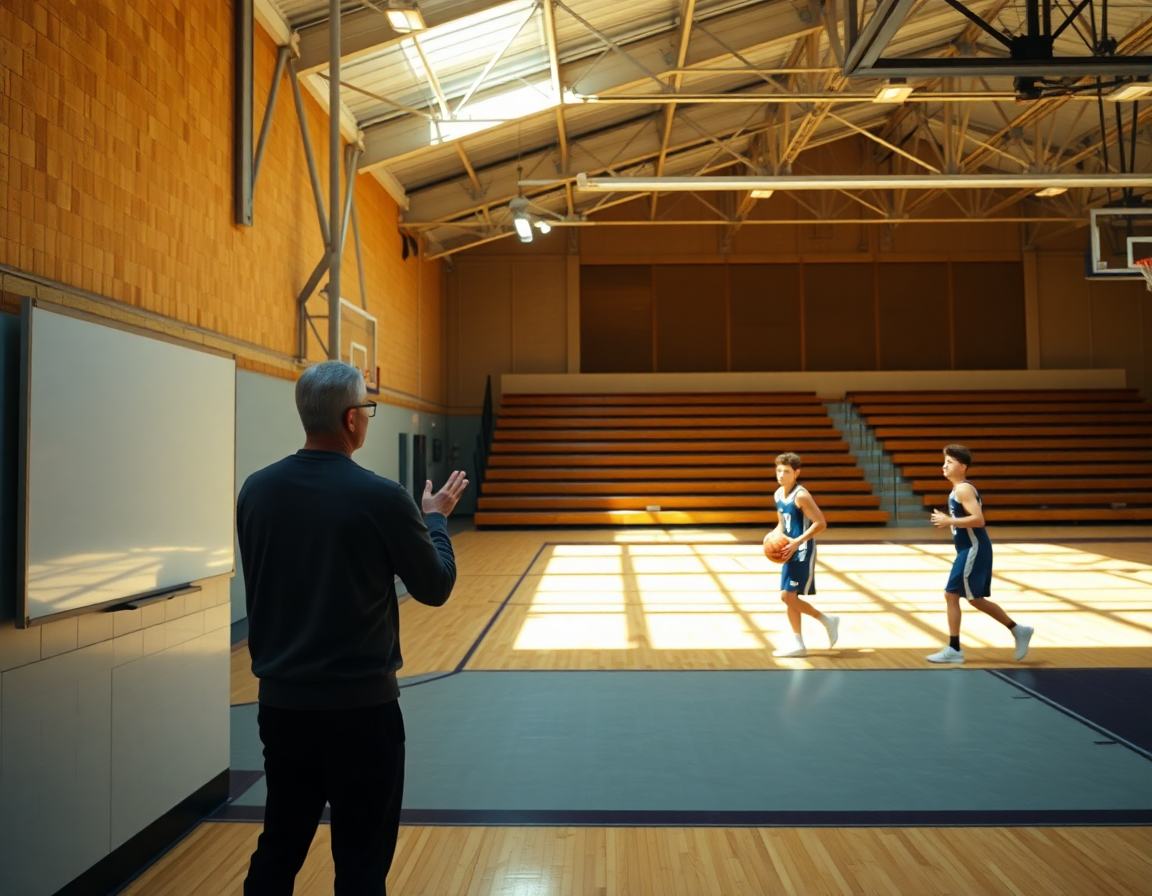 Coach uses whiteboard while players drill on hardwood near basketball sideline boards.