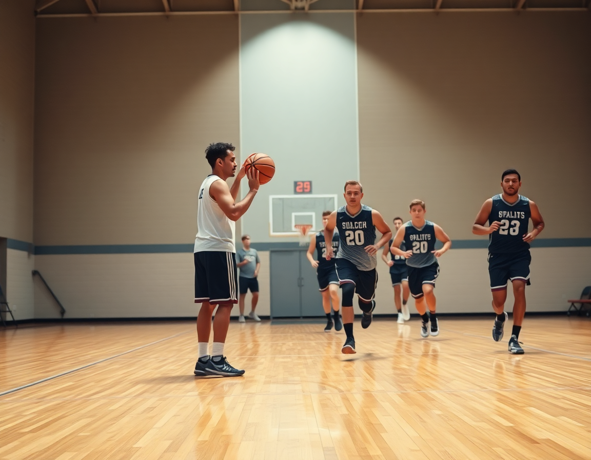 Close-up of a basketball in hands and a coach pointing to a whiteboard beside the sideline boards.